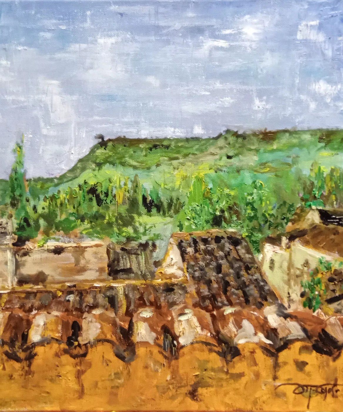 Tejados del pueblo y su valle, óleo de Diego Casero